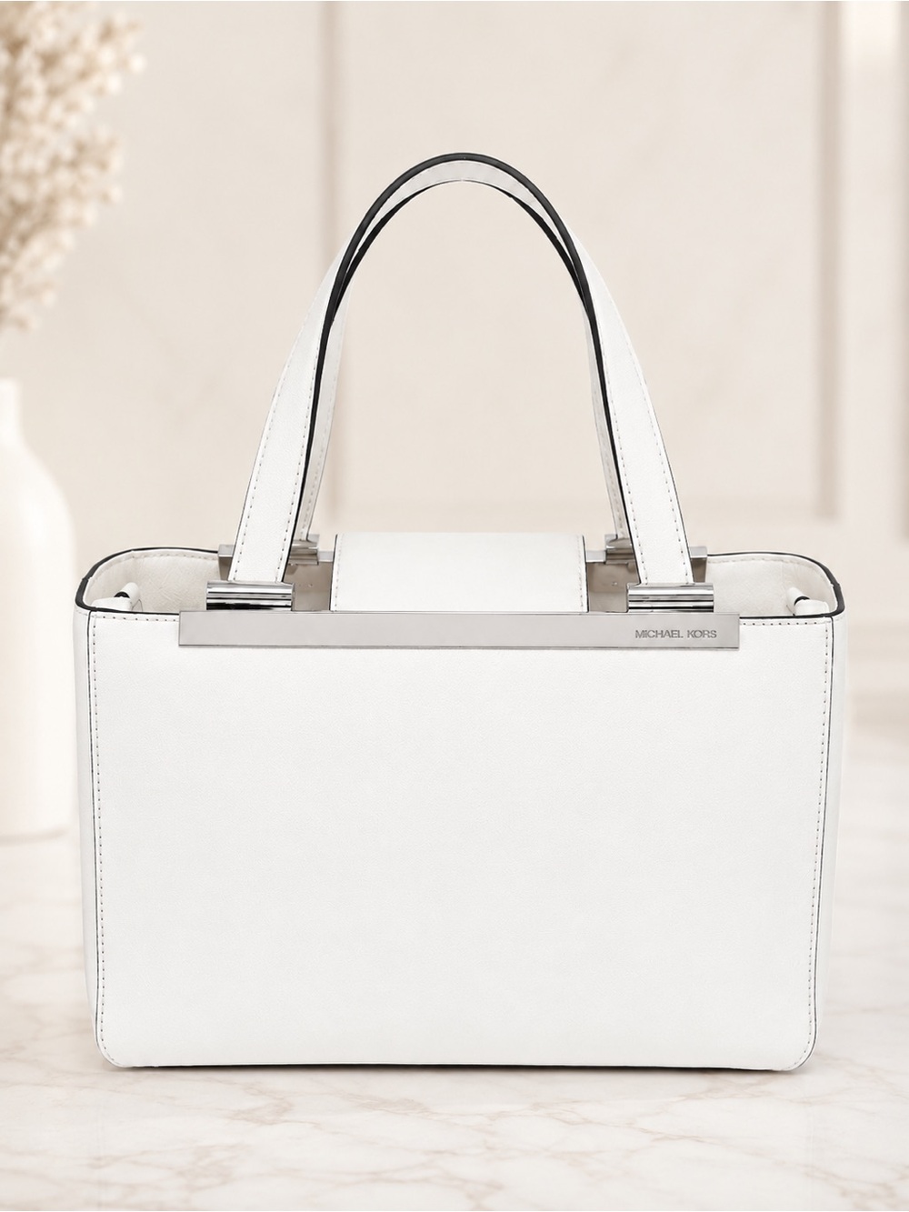 Michael Kors White Leather Structured Tote Satchel Silver Hardware Work purse